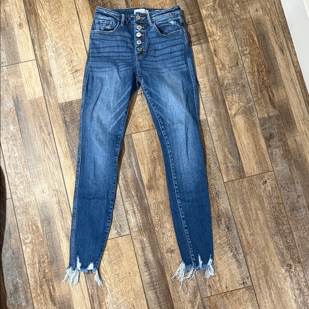 KanCan Signature High Rise Skinny Jeans Button Fly Raw Fray Hem VBK1967S Size 25